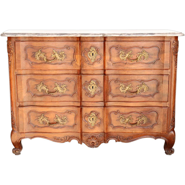 Fine French Louis XV Grey Marble Top Walnut Commode Arbalete