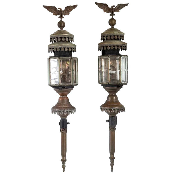 Pair of Belgian Verstraeten-Roose Toleware, Brass and Beveled Glass Coach Lanterns