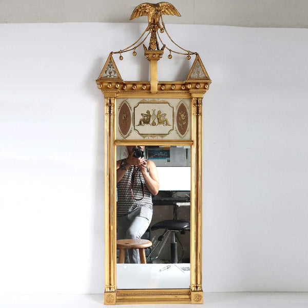 American Edward T. Bacon Federal Style Reverse Painted Glass and Gilt Eagle Crest Mirror