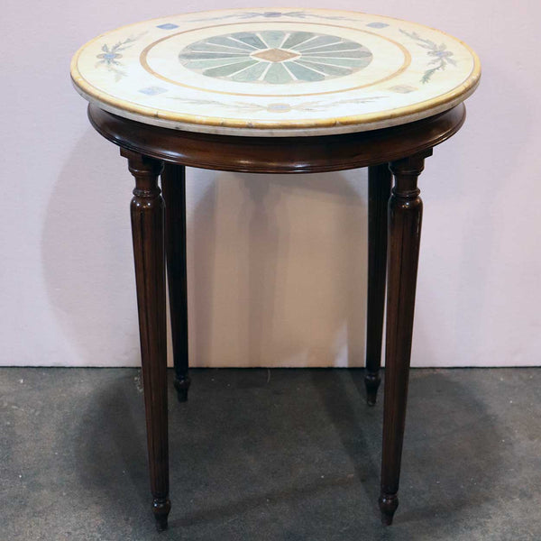 Italian Scagliola Inlaid Marble and Walnut Round Side Table