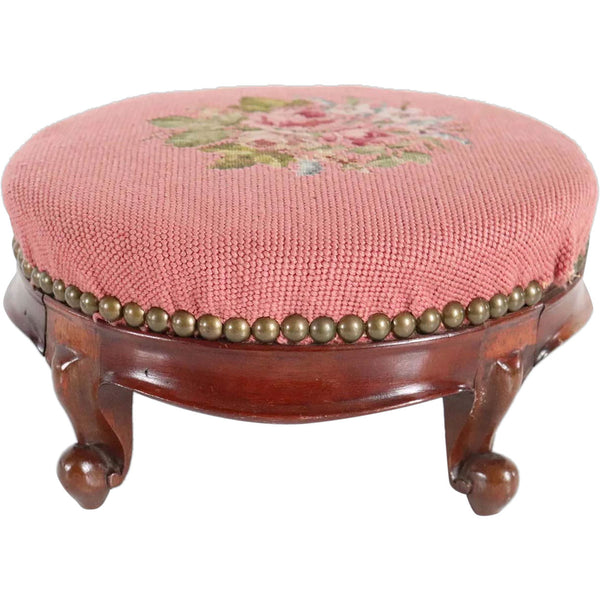 English Victorian Druce & Company Brass Tacked Needlepoint Low Round Footstool