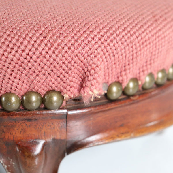 English Victorian Druce & Company Brass Tacked Needlepoint Low Round Footstool