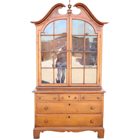 Early American Pine / Poplar Glazed Door Display Cabinet on Chest