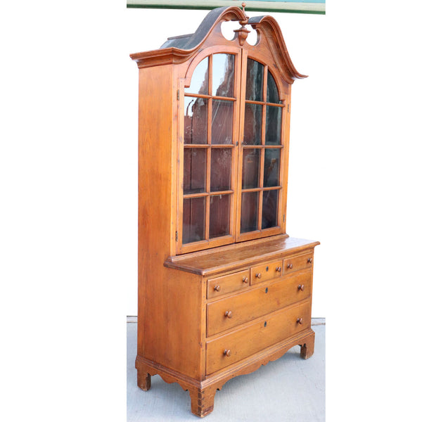 Early American Pine / Poplar Glazed Door Display Cabinet on Chest