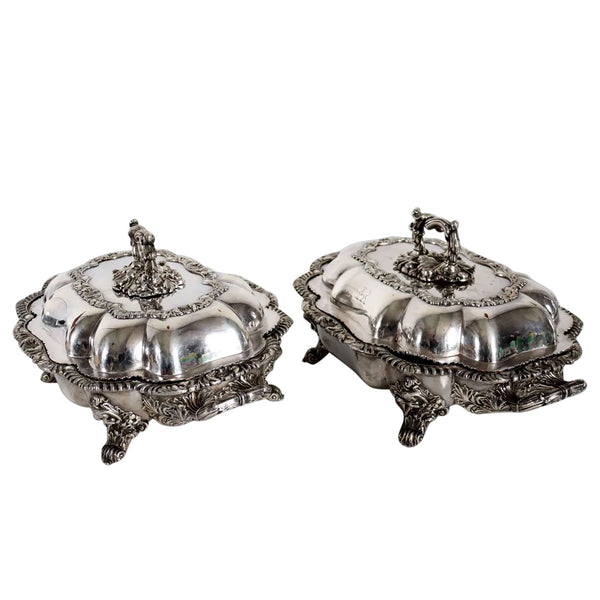 Pair of English J. & J. Waterhouse & Co. Sheffield Plate Armorial Covered Serving Dishes