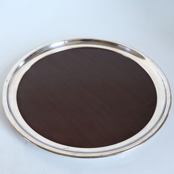 Two Vintage American Mid Century Modern Crescent Formica and Silverplate Round Serving Trays