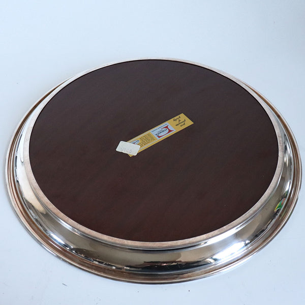 Two Vintage American Mid Century Modern Crescent Formica and Silverplate Round Serving Trays