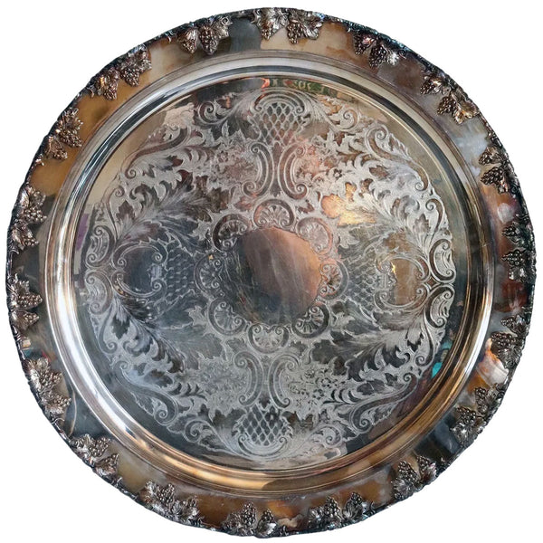 Large Vintage American Crescent Silverware Silverplate Grapevine Round Tray