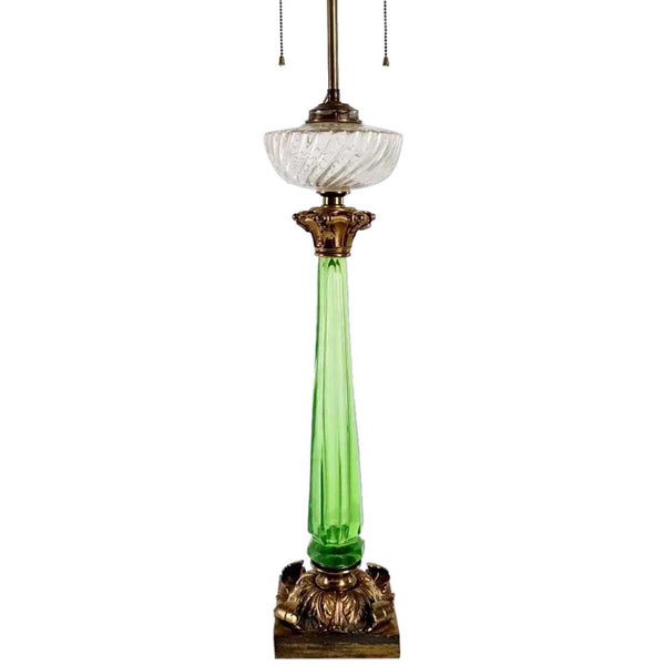 French Gilt Bronze, Green Crystal and Clear Glass Two-Light Table Lamp