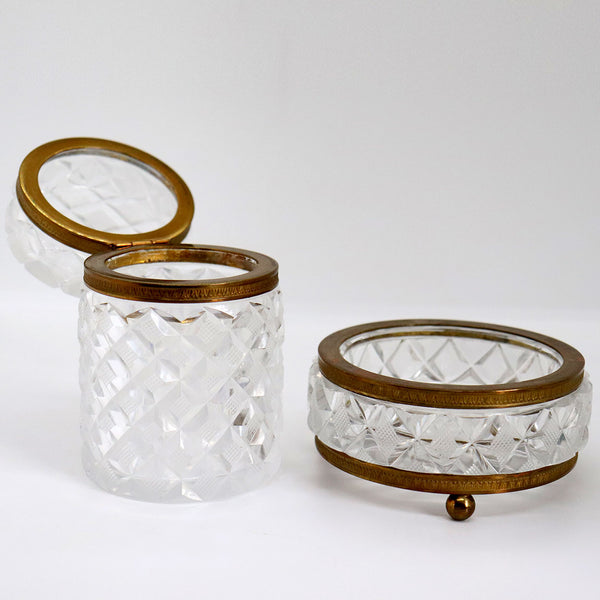 French Crystal and Bronze Dore Round Vanity Dish and Box