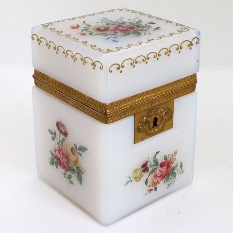 Small French Gilt Bronze Painted White Opalescent Glass Square Jewelry Box