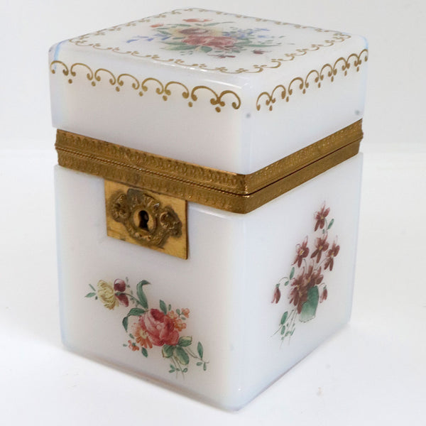 Small French Gilt Bronze Painted White Opalescent Glass Square Jewelry Box