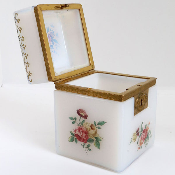 Small French Gilt Bronze Painted White Opalescent Glass Square Jewelry Box