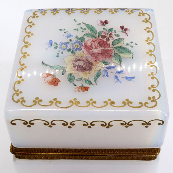 Small French Gilt Bronze Painted White Opalescent Glass Square Jewelry Box