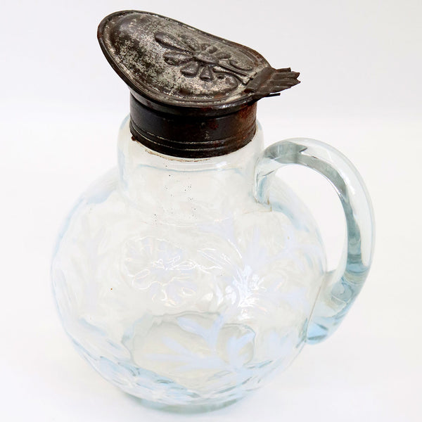 American Northwood Blue Opalescent Glass and Tin Daisy and Fern Syrup Pitcher