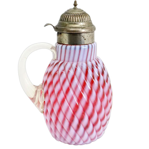 American Northwood Cranberry Opalescent Glass and Nickel Reverse Chrysanthemum Swirl Syrup Jug