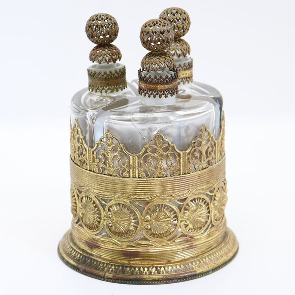 Set of Three German Export Gilt Brass and Glass Perfume Bottles and Caddy