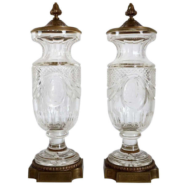 Pair of French Louis XVI Style Gilt Brass Mounted Cut Glass Garniture Urns