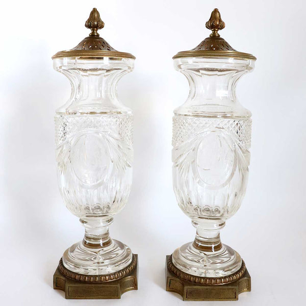 Pair of French Louis XVI Style Gilt Brass Mounted Cut Glass Garniture Urns