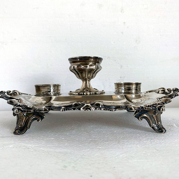 English Victorian Henry Wilkinson & Company Sterling Silver and Glass Inkstand