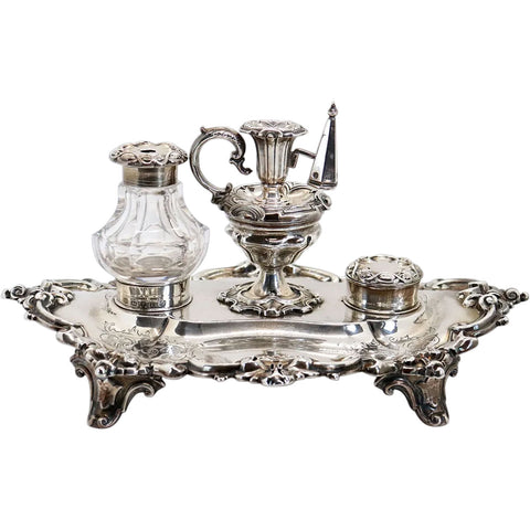 English Victorian Henry Wilkinson & Company Sterling Silver and Glass Inkstand