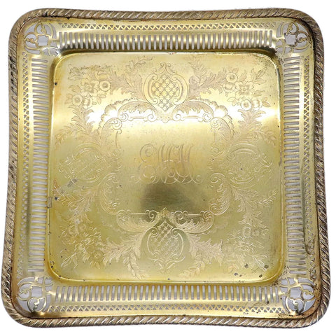 American Gorham Gilt Engraved Silverplate Reticulated Square Tray