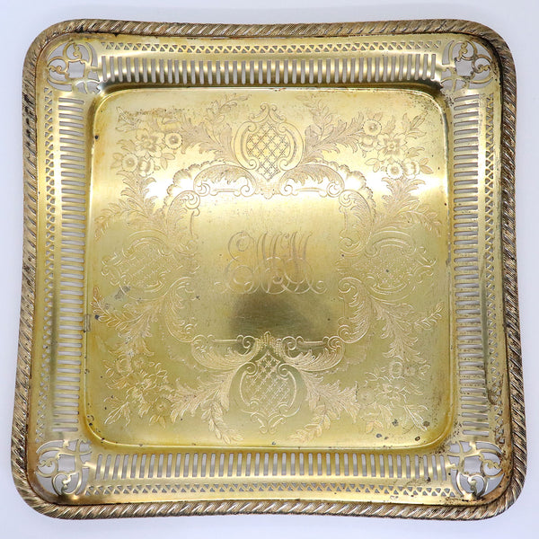American Gorham Gilt Engraved Silverplate Reticulated Square Tray