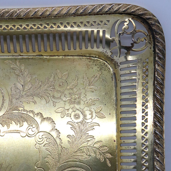 American Gorham Gilt Engraved Silverplate Reticulated Square Tray