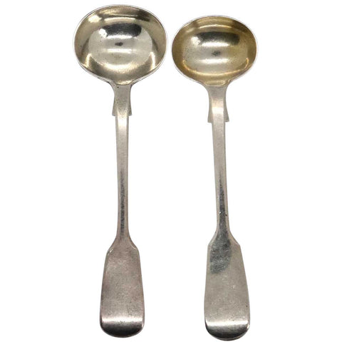 Two English Georgian Style Sterling Silver Fiddle Pattern Mustard Condiment Spoons