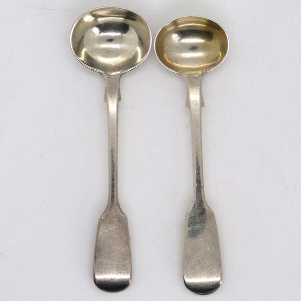 Two English Georgian Style Sterling Silver Fiddle Pattern Mustard Condiment Spoons