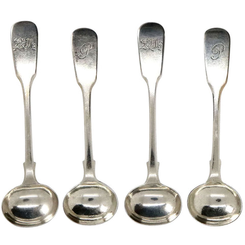 Four English Charles Boyton and James Beebe Sterling Silver Fiddle Mustard Spoons