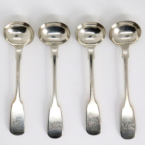 Four English Charles Boyton and James Beebe Sterling Silver Fiddle Mustard Spoons
