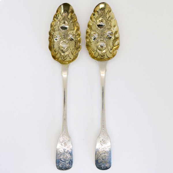 Pair English George IV M & M Emanuel Gilt Sterling Silver Berry Serving Spoons