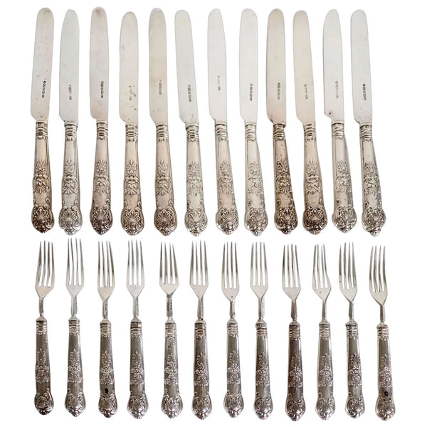 Set of 24 English Aaron Hadfield Sterling Silver King's Pattern Dessert Knives and Forks