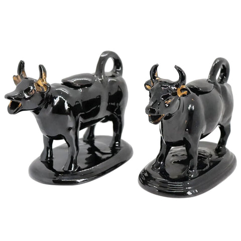 Pair English Victorian Staffordshire Jackfield Redware Pottery Cow Creamers