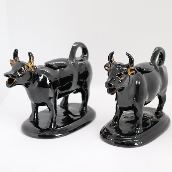 Pair English Victorian Staffordshire Jackfield Redware Pottery Cow Creamers