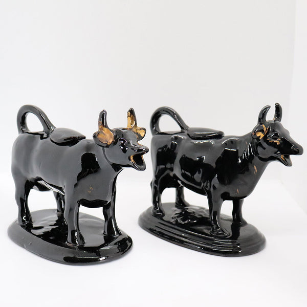 Pair English Victorian Staffordshire Jackfield Redware Pottery Cow Creamers