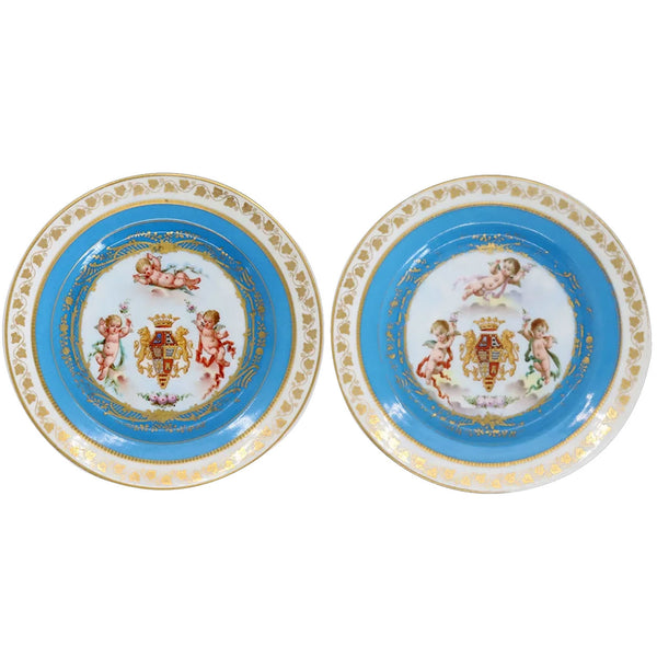 Pair of French Sevres Gilt and Bleu Celeste Porcelain Royal Armorial Plates