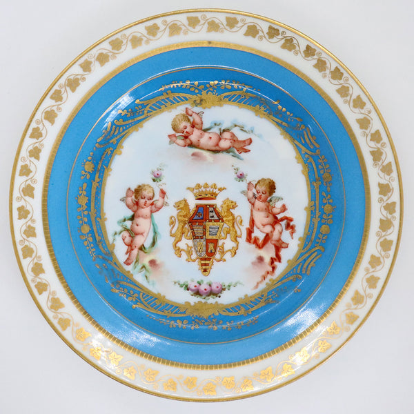 Pair of French Sevres Gilt and Bleu Celeste Porcelain Royal Armorial Plates