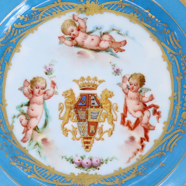 Pair of French Sevres Gilt and Bleu Celeste Porcelain Royal Armorial Plates