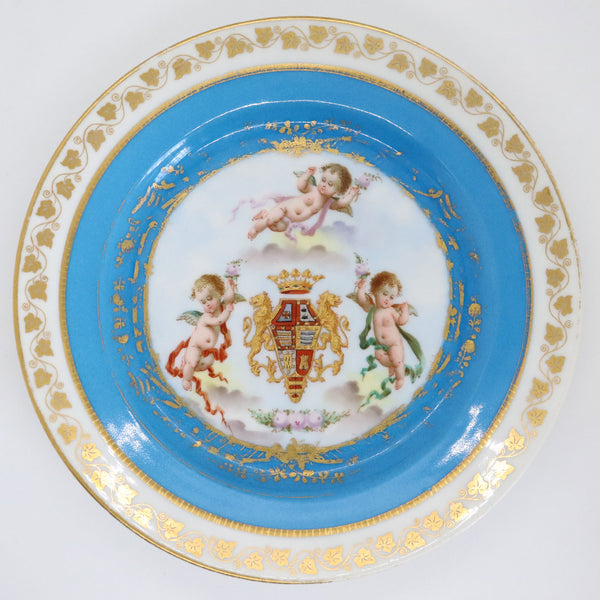 Pair of French Sevres Gilt and Bleu Celeste Porcelain Royal Armorial Plates