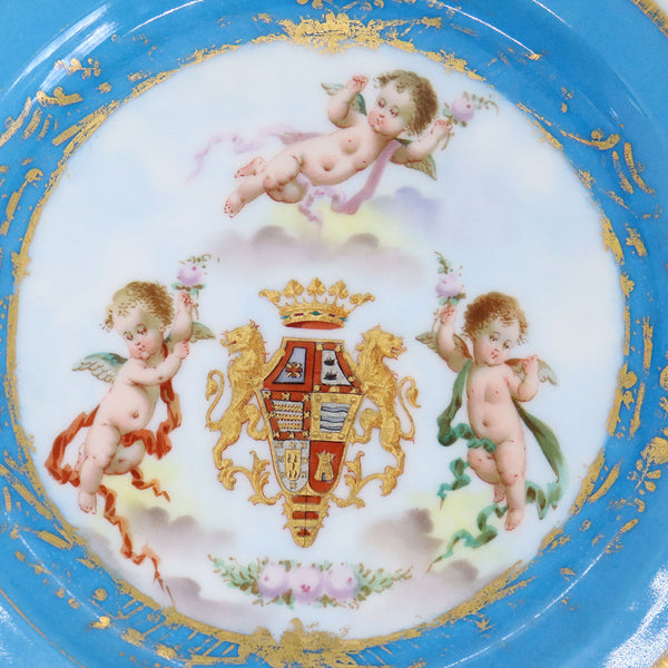 Pair of French Sevres Gilt and Bleu Celeste Porcelain Royal Armorial Plates