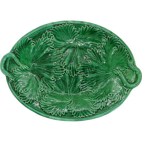 French Regal and Sanejouand Green Majolica Cabbage Leaf Oval Platter