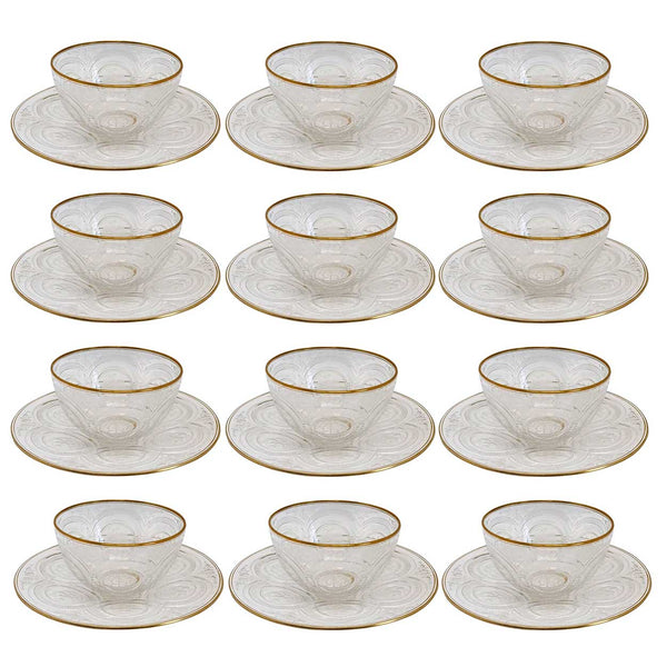 Set of 12 Moser Intaglio Engraved Parcel Gilt Glass Finger Bowls with Underplates