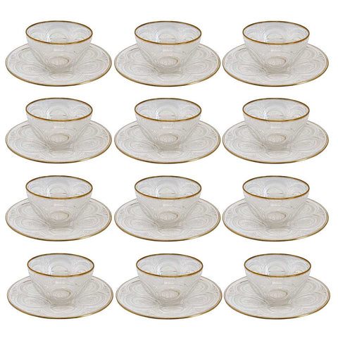 Set of 12 Moser Intaglio Engraved Parcel Gilt Glass Finger Bowls with Underplates