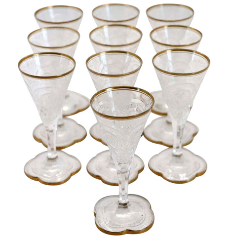 Set of 10 Moser Intaglio Engraved Parcel Gilt Glass Cordial Glasses