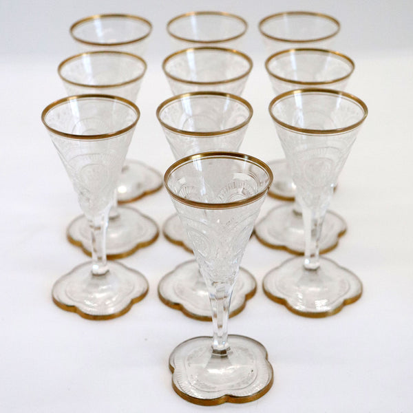 Set of 10 Moser Intaglio Engraved Parcel Gilt Glass Cordial Glasses