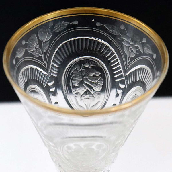 Set of 12 Moser Intaglio Engraved Parcel Gilt Glass Aperitif Glasses