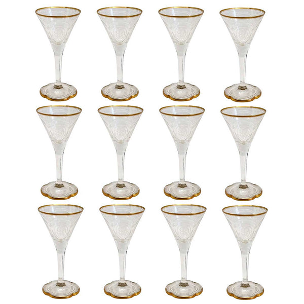 Set of 12 Moser Intaglio Engraved Parcel Gilt Glass Aperitif Glasses