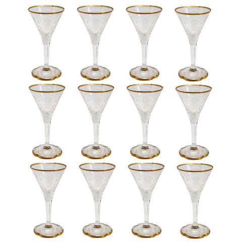 Set of 12 Moser Intaglio Engraved Parcel Gilt Glass Aperitif Glasses